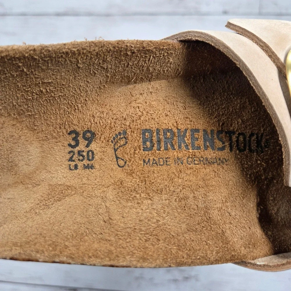 Birkenstock Madrid Buckle Slide Sandal Women 39(L8) Almond Sand Nubuck Leather